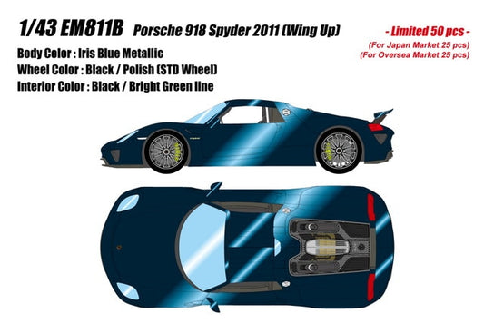 [ Pre-order ] EM811B Make Up EIDOLON 1:43 Porsche 918 Spyder (2011) - Rear Wing Up - Iris Blue Metallic