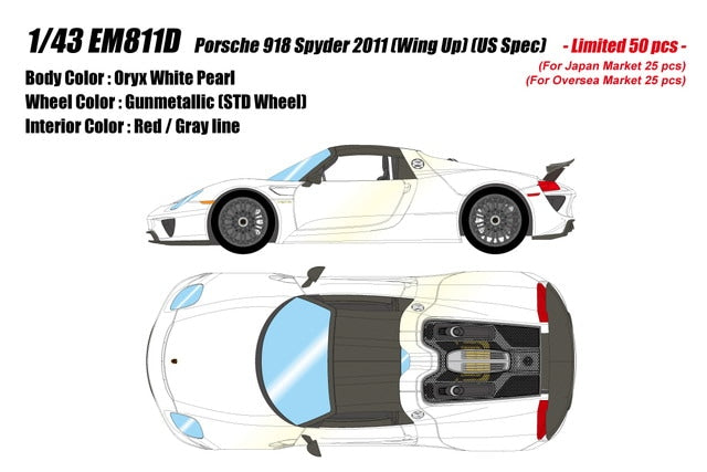 [ Pre-order ] EM811D Make Up EIDOLON 1:43 Porsche 918 Spyder (2011) - Rear Wing Up - Oryx White Pearl (US Spec)