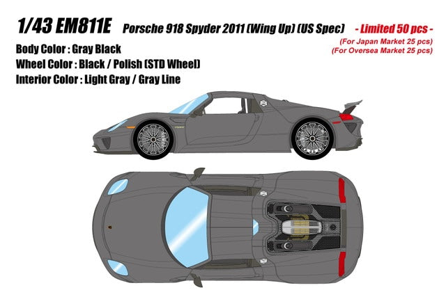[ Pre-order ] EM811E Make Up EIDOLON 1:43 Porsche 918 Spyder (2011) - Rear Wing Up - Grey Black (US Spec)