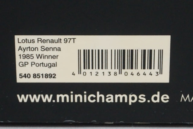 1:18 MINICHAMPS 540851892 Lotus Renault 97T Portuguese GP Winner A. Senna 1985 #12 JPS