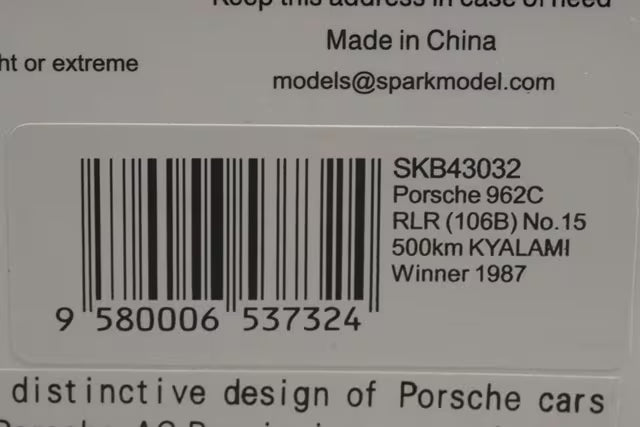 1:43 SPARK SKB43032 Porsche 962C RLR 106B 500km Kyalami Winner 1987 #15