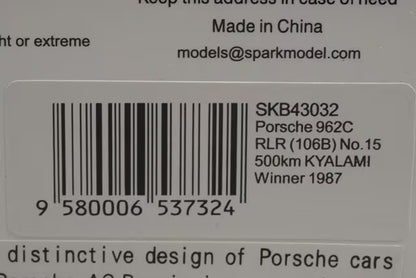 1:43 SPARK SKB43032 Porsche 962C RLR 106B 500km Kyalami Winner 1987 #15