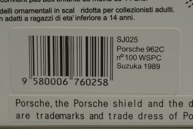 1:43 Spark SJ025 Porsche 962C WSPC Suzuka 1989 #100 G.Fouche S.Andsker model car