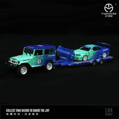[ Pre-order ] TM645204-T TimeMicro 1:64 Toyota Nissan GTR34 / Land Cruiser FJ40 Falken Trailer Set