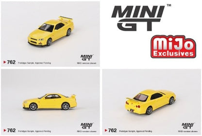 MGT00762-MJ TSM MINI-GT x Mijo 1:64 Nissan Skyline GT-R R34 V-Spec Lighting Yellow (Right-Hand Drive) *Blister pack version