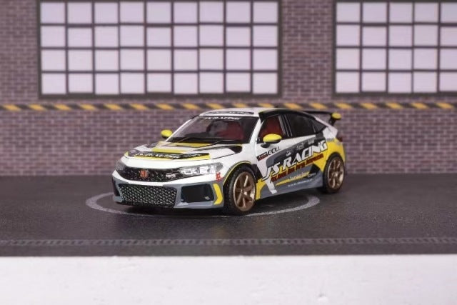 M65315 MOTORHELIX 1:64 Honda Civic Type R FL5 J's Racing Pearl White/Gray and Yellow Stripe Gold Rims