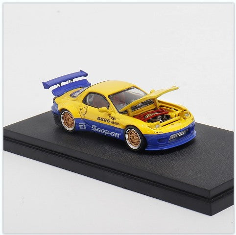 Master 1:64 Mazda RX7 Rocket Bunny Hood open/close Blue Yellow