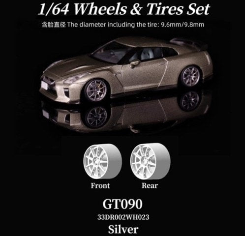 33DR002WH023 B 33DREAMS x 90 Studio 1:64 Rays GT090 Silver Wheel & Tire Set Size B Rim Diameter 8.7mm Tire Diameter 9.8mm Axle not included