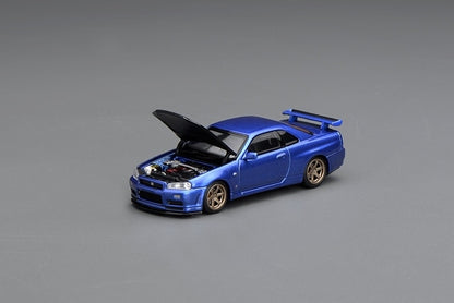 [ Pre-order ] M63450 MOTORHELIX 1:64 Nissan Skyline GT-R (R34) V-Spec II Custom Carbon Fiber Bonnet, Bayside Blue