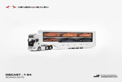 [ Pre-order ] HH Model 1:64 Scania Transporter Trailer with Side Gull-Wing Doors, White