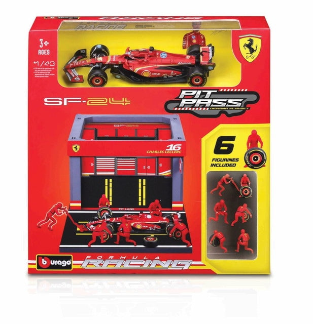 [ Pre-order ] 18-36862L Bburago 1:43 Ferrari PIT PASS Set F1 SF-24 #16 C. Leclerc (6-piece crew set, Paddock Garage) *Hobby Show Display Item