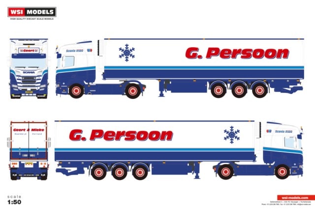 [ Pre-order ] 01-4918 WSI 1:50 SCANIA G. Persoon R HIGHLINE CR20H 4X2 REEFER TRAILER 3 AXLE