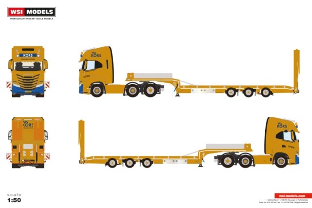 [ Pre-order ] 01-5053 WSI 1:50 Kors Hoogwerksystemen IVECO S-WAY AS HIGH MY2024 6X2 TWIN STEER SEMI LOW LOADER WITH RAMPS 3 AXLE