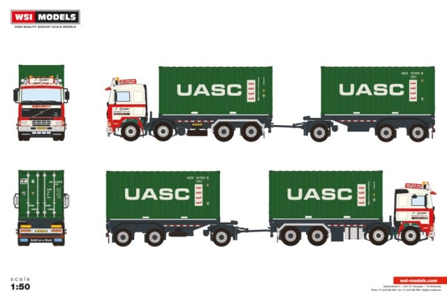 [ Pre-order ] 01-4906 WSI 1:50 N. Mijnders VOLVO F12 CABLE SYSTEM CONTAINER FRAME 8X2 TAG AXLE RIGED CONTAINER FRAME TRUCK DRAWBAR TRAILER 2X 20FT CONTAINER