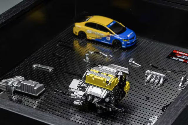 M90308DZ-SAE MOTORHELIX 1:64 Honda Civic TYPE R (FD2) + 1:18 Kseries Engine Spoon Customized Frame Display Model