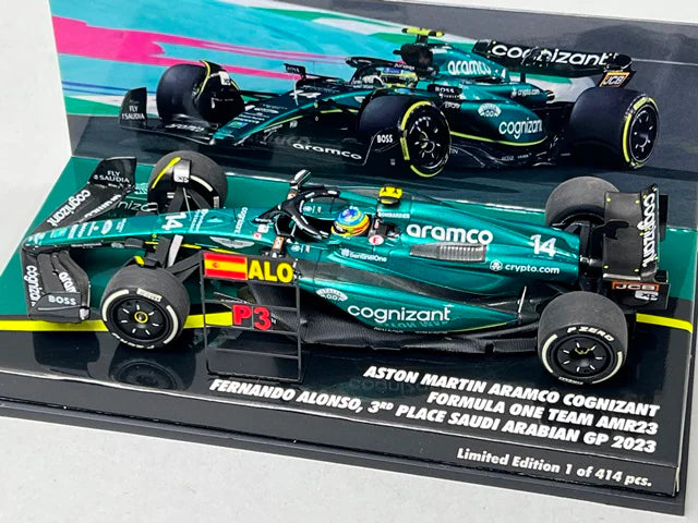 1:43 MINICHAMPS 447230214 Paddock Custom Aston Martin Aramco Cognizant F1 Team AMR23 3rd Place Saudi Arabian GP 2023 #14 F. Alonso