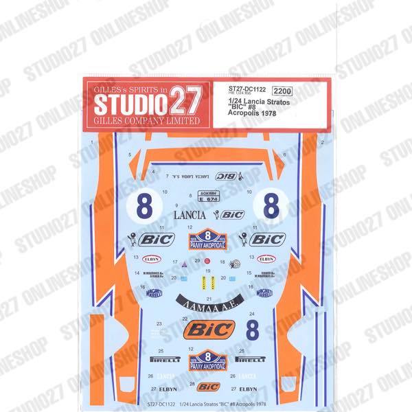 [ Back-order ] STUDIO27 DC1122 1:24 Lancia Stratos "BIC" #8 Acropolis 1978 forHASEGAWA [Original Decals]