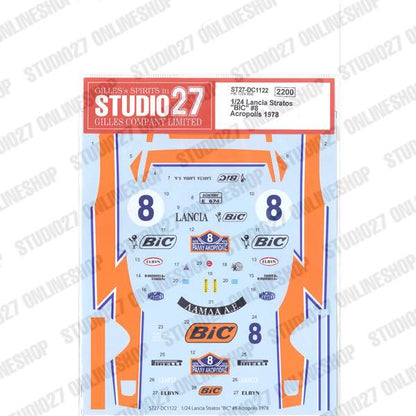[ Back-order ] STUDIO27 DC1122 1:24 Lancia Stratos "BIC" #8 Acropolis 1978 forHASEGAWA [Original Decals]