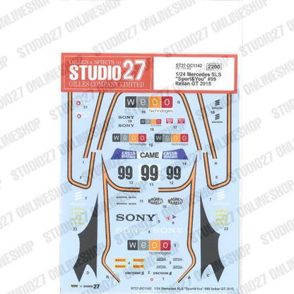 [ Back-order ] STUDIO27 DC1142 1:24 Mercedes SLS "Sport&You" #99 Italian GT 2015 for FUJIMI125657 [Original Decals]