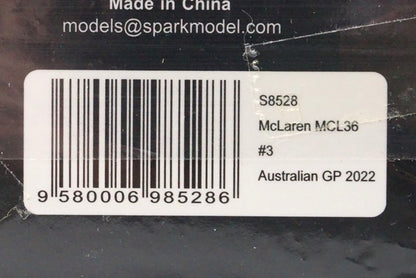 1:43 SPARK S8528 McLaren MCL36 Australian GP 2022 #3 D.Ricciardo