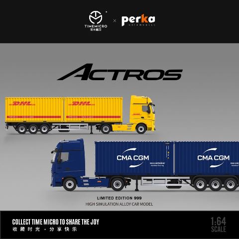 TM646725 TimeMicro & Perka 1:64 Benz Actros Container Truck Trailer Blue CMA CGM