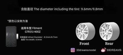 33DR002WH023 B 33DREAMS x 90 Studio 1:64 Rays GT090 Silver Wheel & Tire Set Size B Rim Diameter 8.7mm Tire Diameter 9.8mm Axle not included