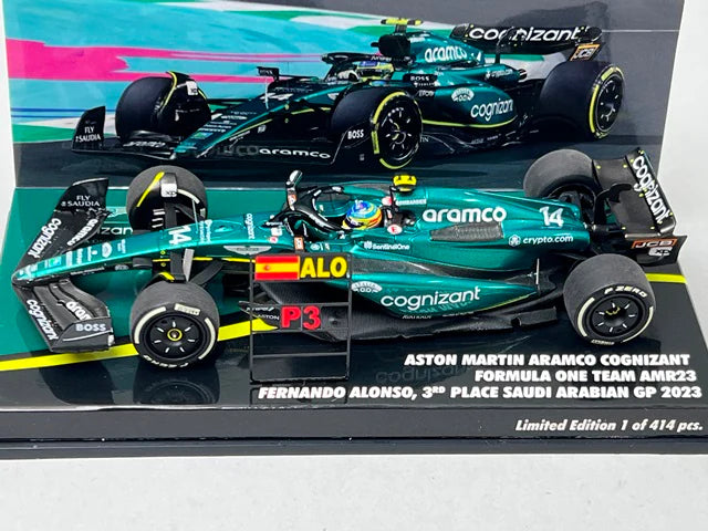 1:43 MINICHAMPS 447230214 Paddock Custom Aston Martin Aramco Cognizant F1 Team AMR23 3rd Place Saudi Arabian GP 2023 #14 F. Alonso