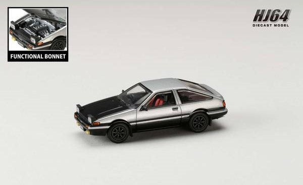 [ Back-order ] Hobby Japan HJ641052BSB 1:64 Toyota SPRINTER TRUENO GT APEX AE86 JDM Style with CARBON BONNET Silver Black Diecast model car