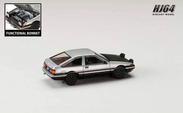 [ Back-order ] Hobby Japan HJ641052BSB 1:64 Toyota SPRINTER TRUENO GT APEX AE86 JDM Style with CARBON BONNET Silver Black Diecast model car