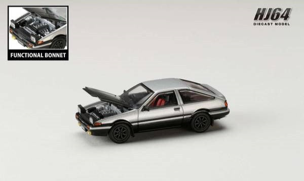[ Back-order ] Hobby Japan HJ641052BSB 1:64 Toyota SPRINTER TRUENO GT APEX AE86 JDM Style with CARBON BONNET Silver Black Diecast model car