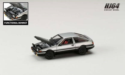 [ Back-order ] Hobby Japan HJ641052BSB 1:64 Toyota SPRINTER TRUENO GT APEX AE86 JDM Style with CARBON BONNET Silver Black Diecast model car