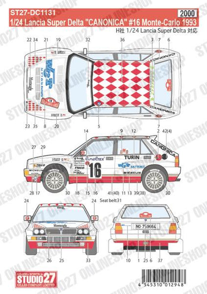 [ Back-order ] STUDIO27 DC1131 1:24 Lancia Super Delta "CANONICA" #16 Monte-Carlo 1993 for HASEGAWA [Original Decals]