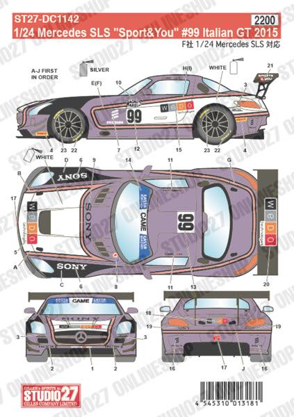 [ Back-order ] STUDIO27 DC1142 1:24 Mercedes SLS "Sport&You" #99 Italian GT 2015 for FUJIMI125657 [Original Decals]
