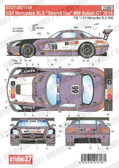 [ Back-order ] STUDIO27 DC1142 1:24 Mercedes SLS "Sport&You" #99 Italian GT 2015 for FUJIMI125657 [Original Decals]