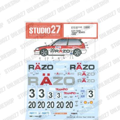[ Back-order ] STUDIO27 DC1148 1:24 Civic "Razo" #3/#20 1989 for Aoshima B24005 [Original Decals]