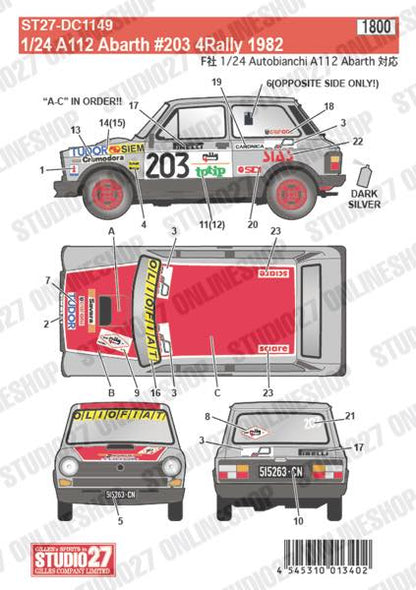 [ Back-order ] STUDIO27 DC1149 1:24 Autobianchi A112 Abarth #203 4Rally 1982 for FUJIMI [Original Decals]