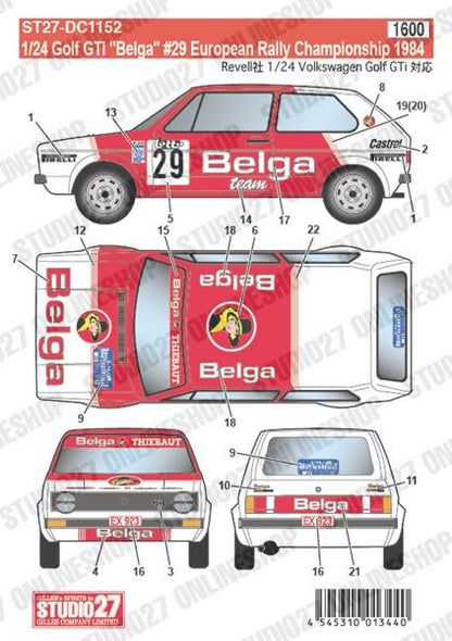 [ Back-order ] STUDIO27 DC1152 1:24 Golf GTi "Belga" #29 European Rally Championship 1984 forRevell07005/07072 [Original Decals]