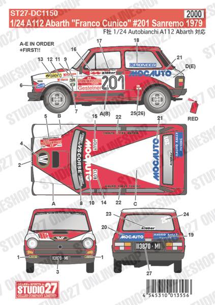 [ Back-order ] STUDIO27 DC1150 1:24 A112 Abarth "Franco Cunico" #201 Sanremo 1979 forFUJIMI [Original Decals]