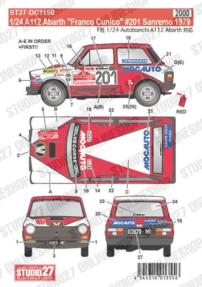 [ Back-order ] STUDIO27 DC1150 1:24 A112 Abarth "Franco Cunico" #201 Sanremo 1979 forFUJIMI [Original Decals]