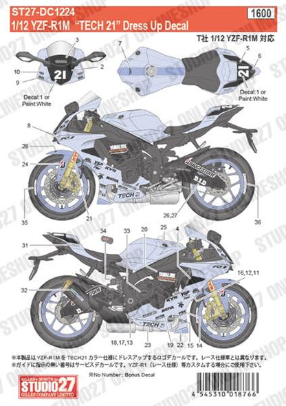 [ Back-order ] STUDIO27 DC1224 1:12 YZF-R1M TECH21 Dress Up Decal for TAMIYA Original Decals