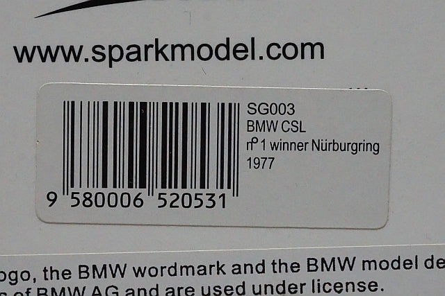 1:43 SPARK SG003 BMW CSL Nurburgring Winner 1977 #1 model car