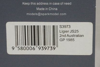 1:43 SPARK S3973 Ligier JS25 Australian GP 1985 #26 Jacques Laffite