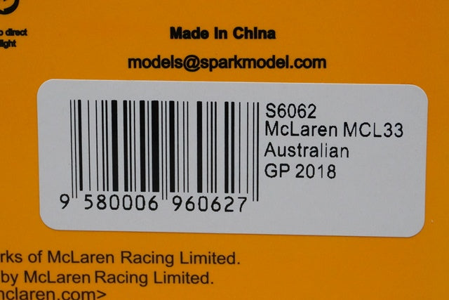 1:43 SPARK S6062 McLaren F1 Team #14 Australia GP 2018 MCL33 F.Alonso