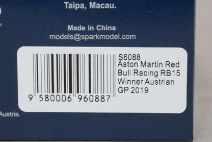 1:43 SPARK S6088 Aston Martin Red Bull Racing RB15 Austrian M.Verstappen 2019 #33