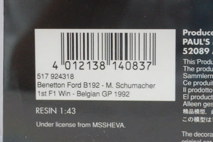 1:43 MINICHAMPS 517924318 Benetton Ford B192 Belgian GP F1 first win race M.Schumacher 1992 #19 CAMEL