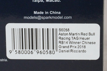 1:43 SPARK S6058 Aston Martin Red Bull Racing Tag Heuer RB14 Chinese GP Winner 2018 #3 Daniel Ricciardo