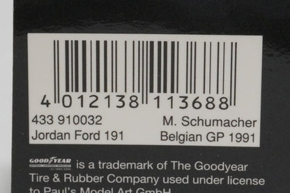 1:43 MINICHAMPS 433910032 Jordan Ford 191 Belgian GP Winner 1991 #32 M.Schumacher