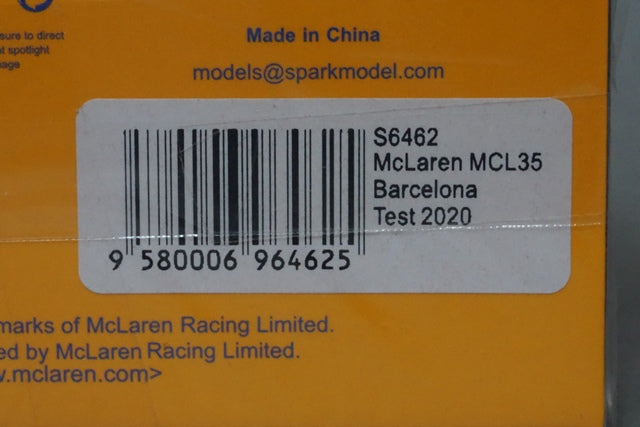 1:43 SPARK S6462 McLaren MCL35 Barcelona Test 2020 #4 model car