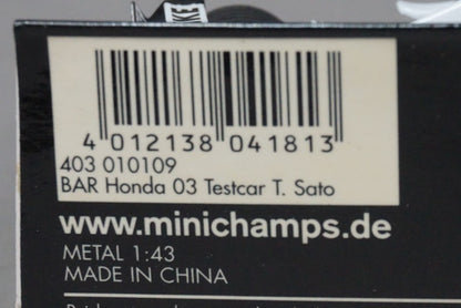 1:43 MINICHAMPS 403010109 BAR Honda 03 Test Car Takuma Sato