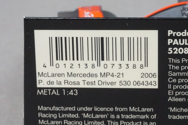 1:43 MINICHAMPS 530064343 McLaren Mercedes MP4-21 2006 P.de la Rosa